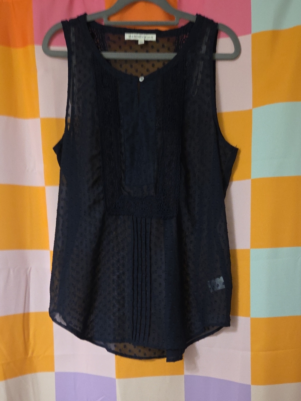 Daniel Rainn Navy Sleeveless Swiss Dot Blouse with Lace Bib Size Medium